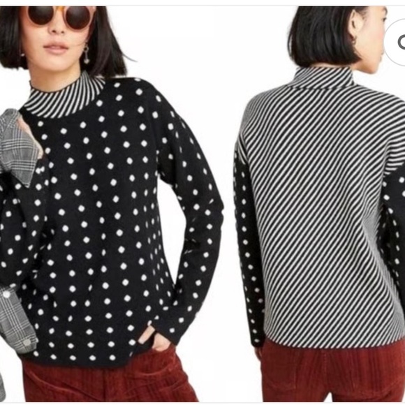 Anthropologie Sweaters - Anthropolgie Ivanna Mock Neck Polka Dots & Stripe Sweater Women’s XS Black White